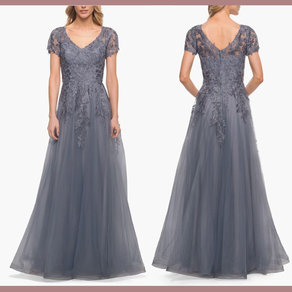 NWT $619 La Femme [ 14 ] 29164 V Neck Embroidered Tulle‎ A-Line Gown Slate Blue
